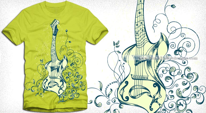 Acoustic Guitar with Floral T-shirt Design Vector