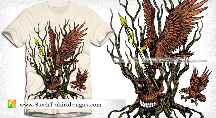 Apparel Vector T-shirt Design with Eagle, Tree and Skull