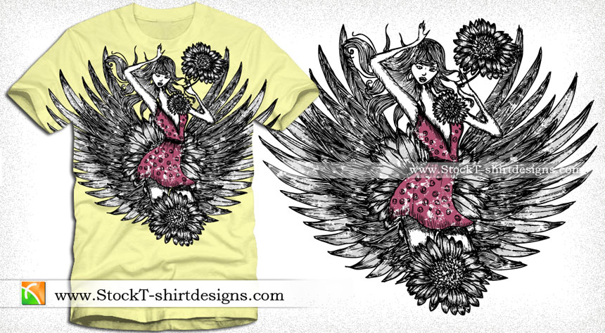 Beautiful Girl with Wings and Flower Vector T-shirt Design