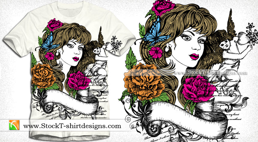 Vector T-shirt Design with Beautiful Woman, Cupid Angel and Flowers