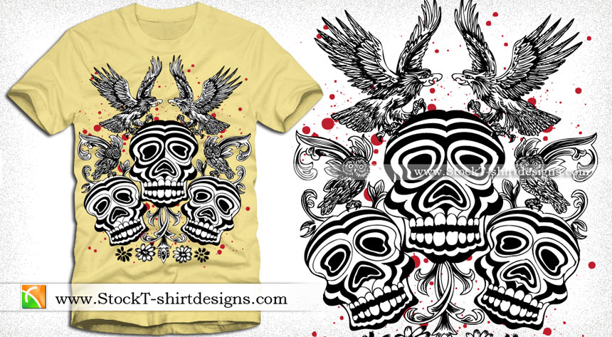 Vector Tee Design with Birds, Skull and Flower