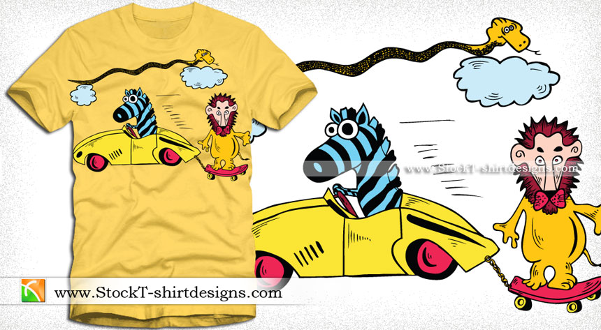 Cartoon Lion with Snake, Car and Zebra Vector Art T-shirt Design