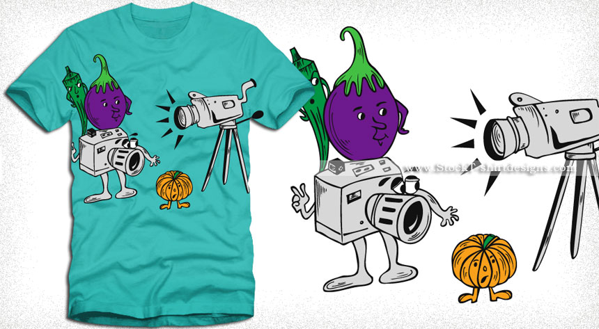 Cartoon Vegetables Characters with Camera Vector T-shirt Design