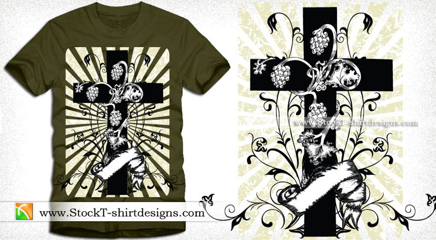 Cross with Sunburst, Floral and Banner Vector Tee Graphic Design