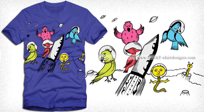 Cute Cartoon Birds in the Space Vector T-shirt Design