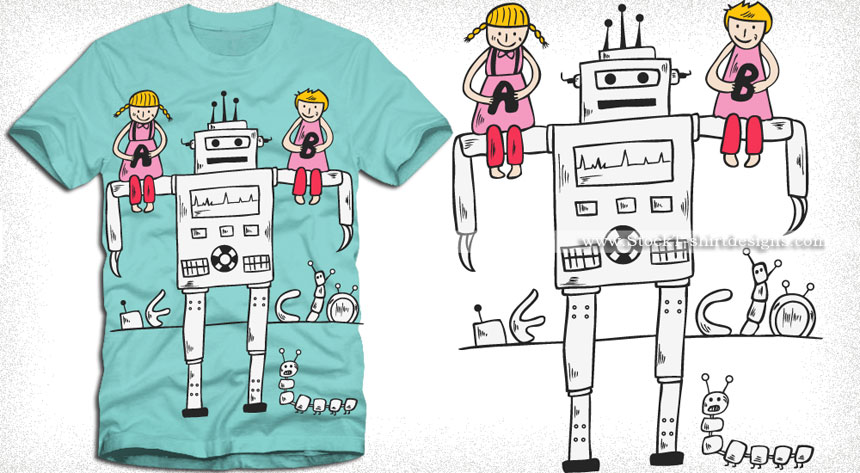 Cute Cartoon Children Playing with Robot T-shirt Design Vector