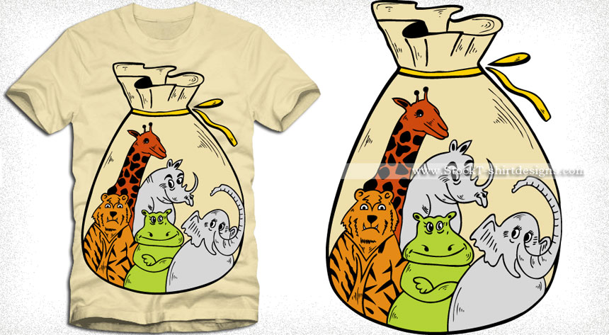 Cute Cartoon Jungle Animals in Sack Vector T-shirt Design