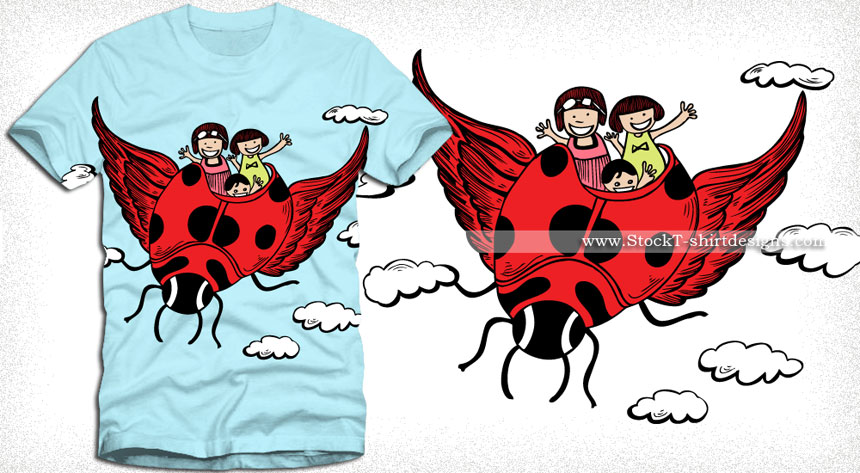 Cute Cartoon Kids Riding a Flying Ladybug Vector T-shirt Design
