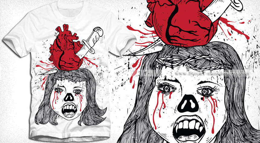 Devil Girl with Bleeding Heart Pierced by Knife Vector Tee Shirt Design
