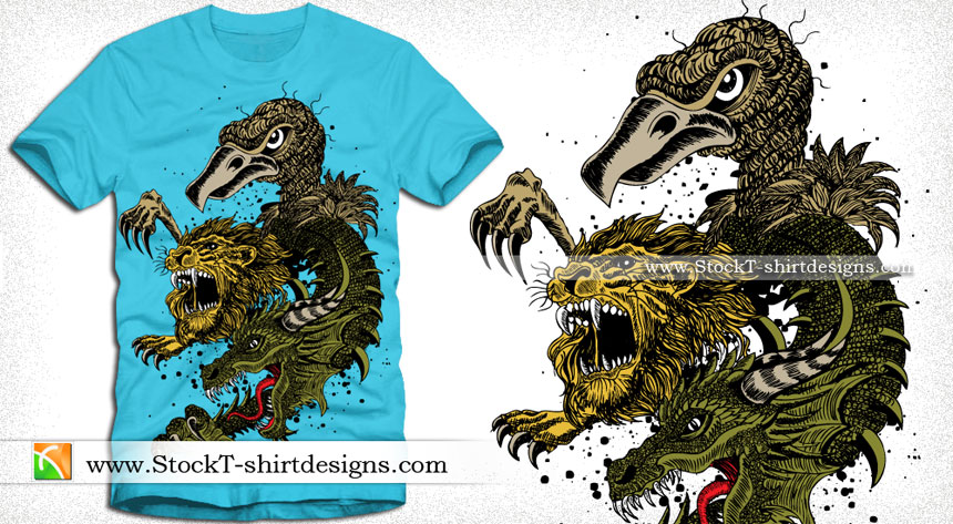 Vector Tee Design with  Dragon, Lion and Eagle Head