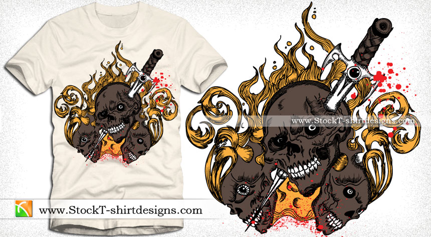 Skull with Fire Flames Vector T-shirt Design