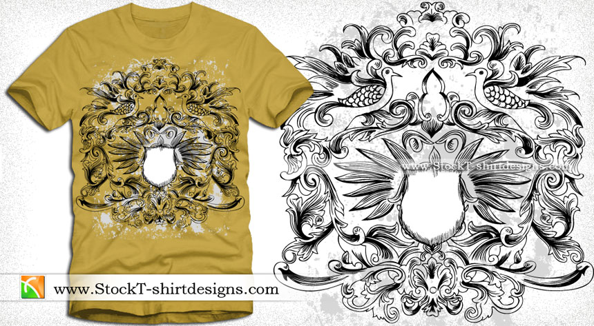Shield with Floral Ornaments Vector Graphics Tee Design