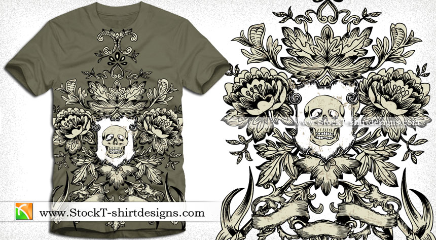 Shield with Skull and Flower Vector T-shirt Design