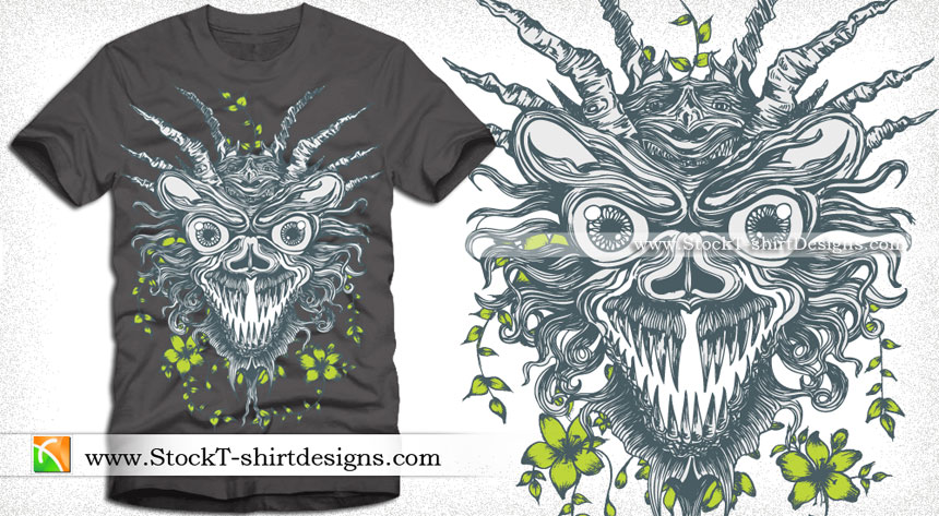 Apparel T-shirt Design with Demon Head and Flowers