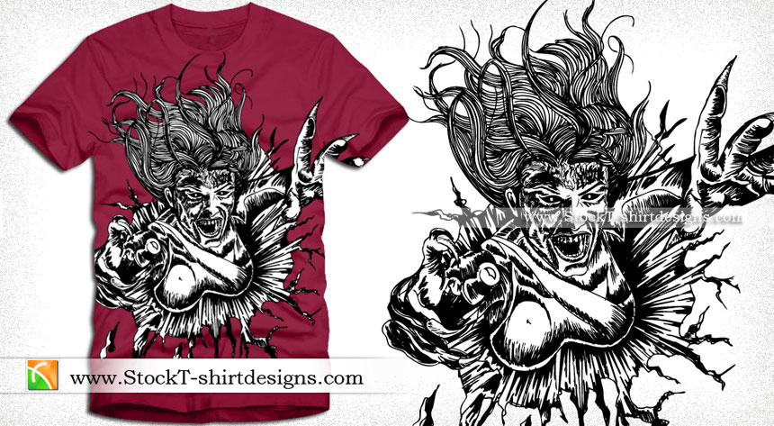 Vector T-shirt Design with Flying Demon Woman