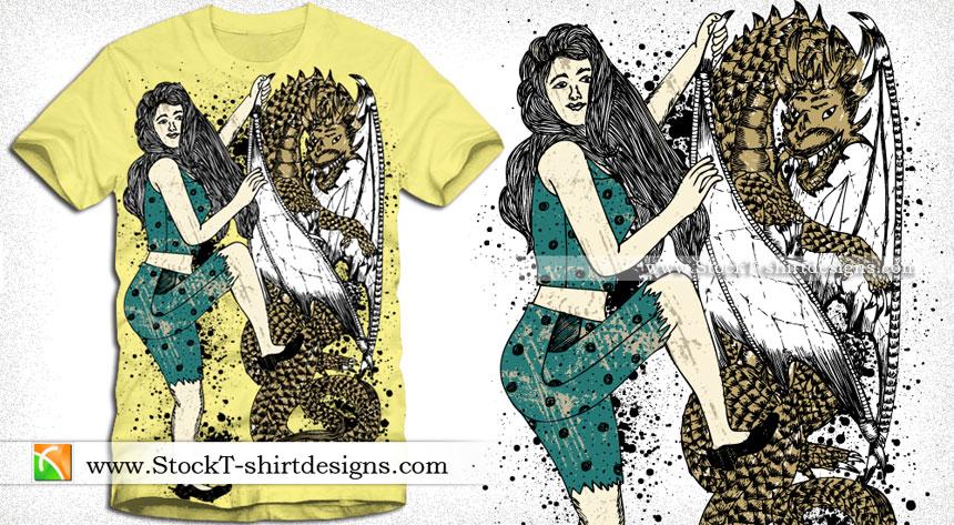Beautiful Woman with Flying Dragon Vector T-shirt Design