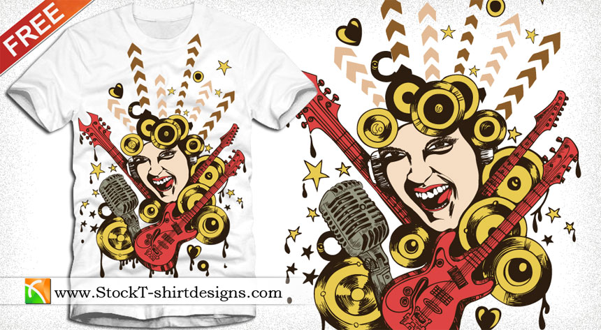 Free Vector T-shirt Design with Singing Girl, Guitar and Microphone