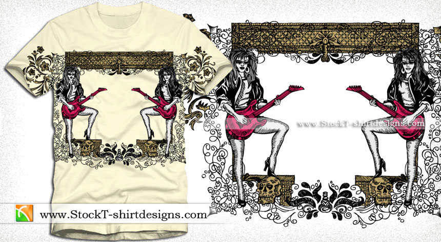 Modern Girls Playing Guitar with Floral Decorative Arch T-shirt Design
