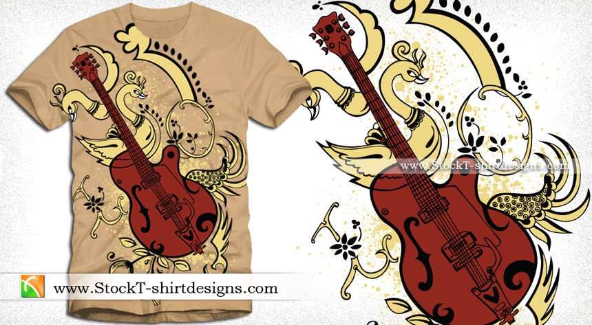 Guitar with Peacock Vector T-shirt Design Illustration