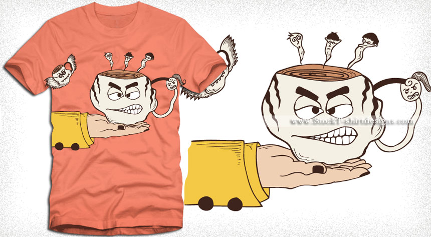 Hand Holding a Funny Cartoon Coffee Cup T-shirt Design Vector