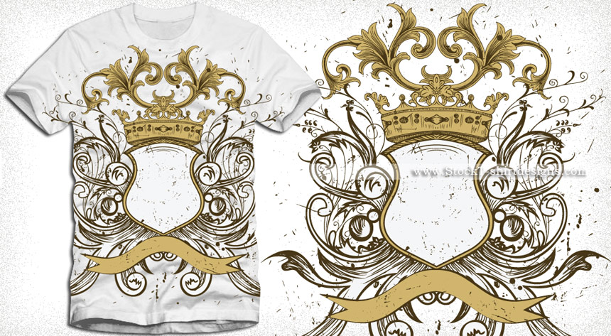 Heraldic Shield with Floral Ornaments and Crown Vector T-shirt Design