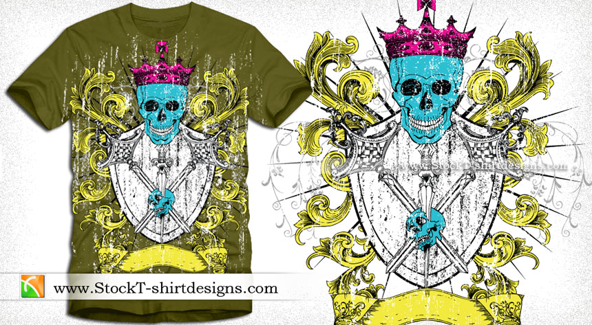 Vector Illustration of Heraldic Shield with Skull Tee Design