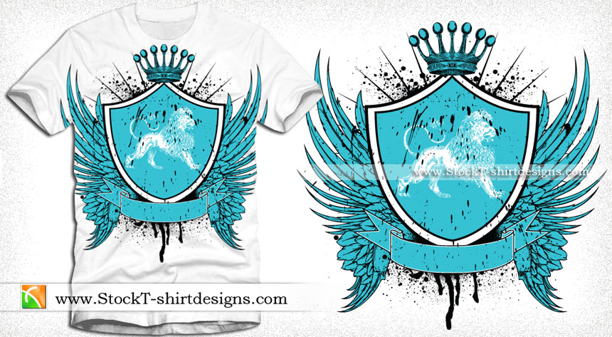 Heraldry Winged Shield with Lion Crest and Crown Vector Tee Design