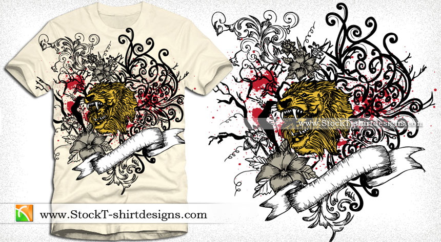 Vector T-shirt Graphics with Lion Head, Ribbon and Floral