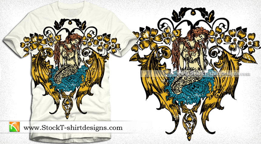 Mermaid Angel with Flowers Vector Tee Graphic Design
