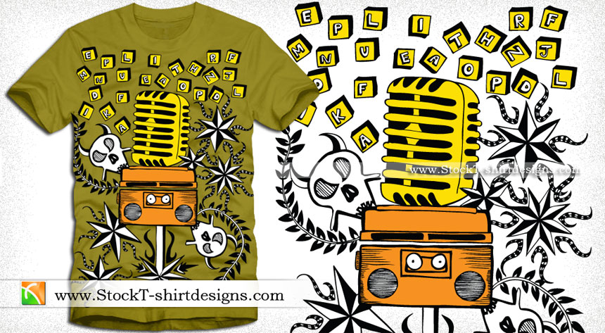 Vector Music T-shirt Design with Microphone and Cassette