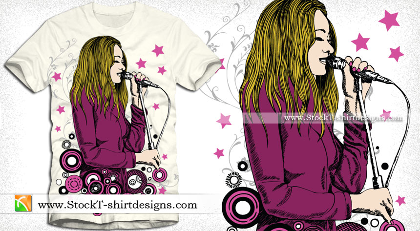 Vector Tee Graphics Design with Beautiful Girl Singing on a Microphone