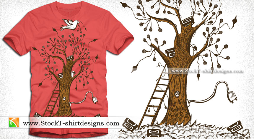 Music Tree with Bird Vector Tee Design Illustration