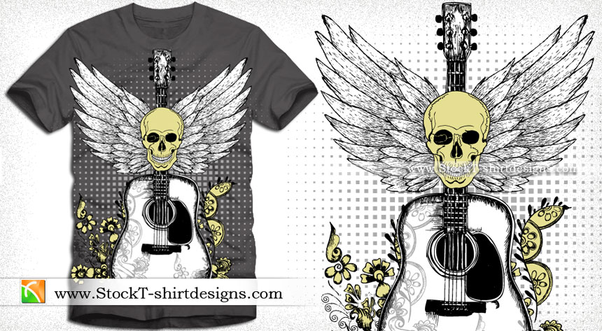 Vector T-shirt Design with Skull, Guitar and Wings
