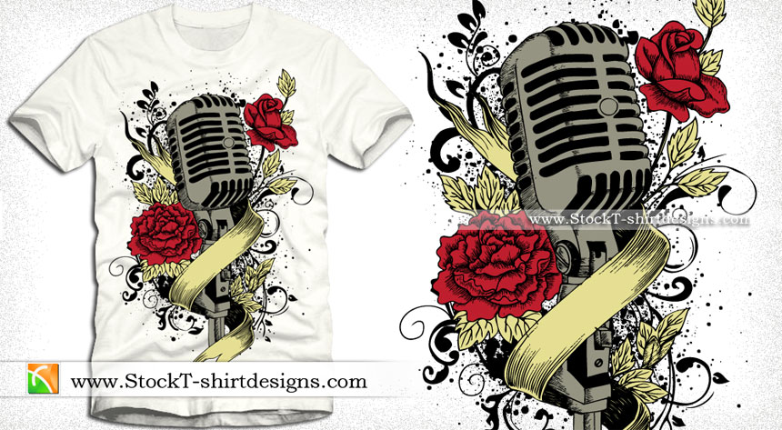 Music Vector T-shirt Graphics with Microphone, Flowers and Ribbon