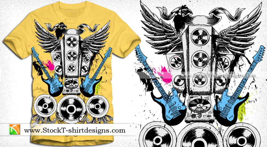 Vector T-shirt Illustration for Musical Theme with Speakers, Guitar and Wings