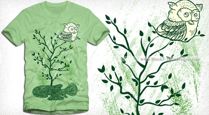 Nature T shirt Design: Owl Sitting On a Tree Vector