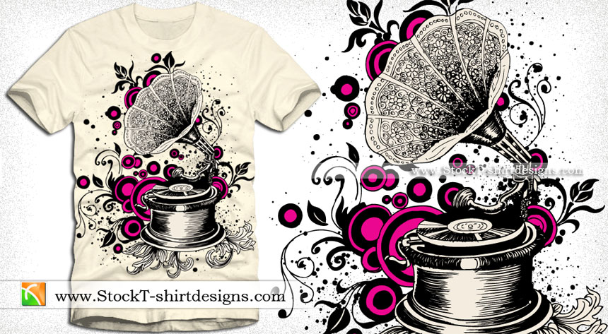 Vintage Gramophone with Floral and Circle Vector T-shirt Illustration