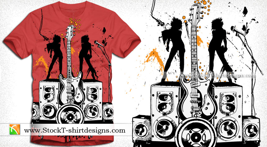 Party Girls with Loudspeaker and Guitar Vector Tee Design Illustration