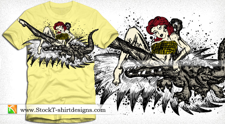 Vintage Pin-up Girl with Crocodile Vector T-shirt Design