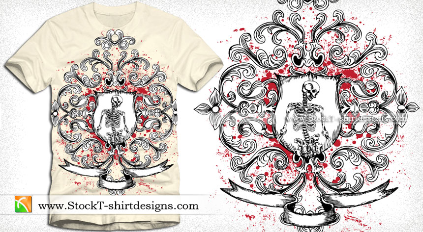 Shield with Skeleton, Floral and Ribbon Vector T-shirt Design