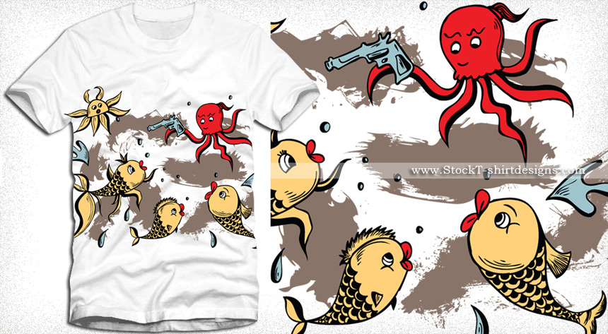 Sea Creatures Cartoon Octopus and Fish Vector T-Shirt Design