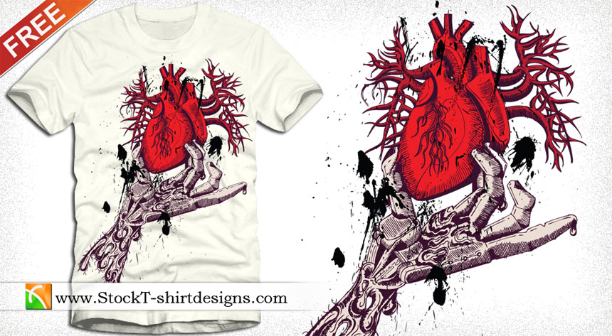 Skeleton Hand Holding Anatomical Red Heart with Free Tee Design