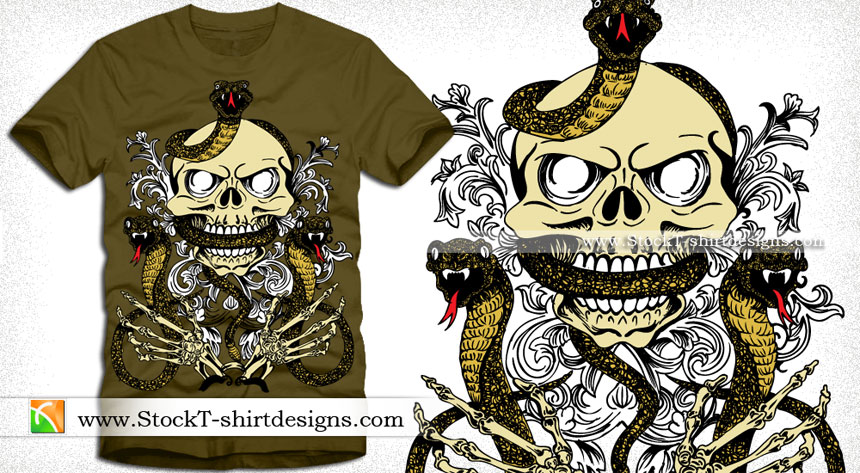 Vector Skull with Snake and Skeleton Hand T-shirt Design
