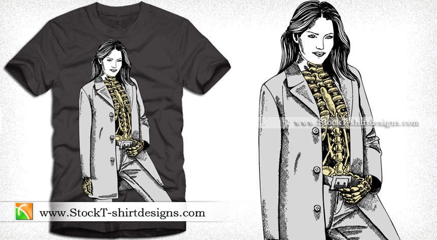 Vector T-shirt Design with Modern skeleton Woman