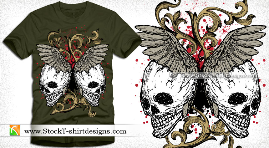 Vector Tee Design Illustration with  Skull, Floral and Wings