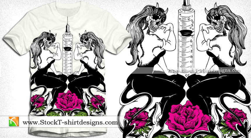 Skull Woman with Flowers and Syringe Vector T-shirt Graphic Design