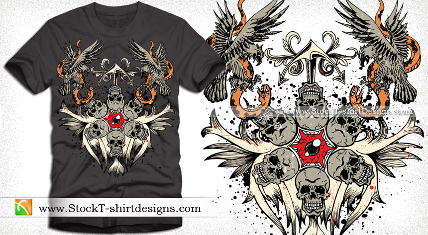 Vector T-shirt Design with Skull, Eagle and Snake