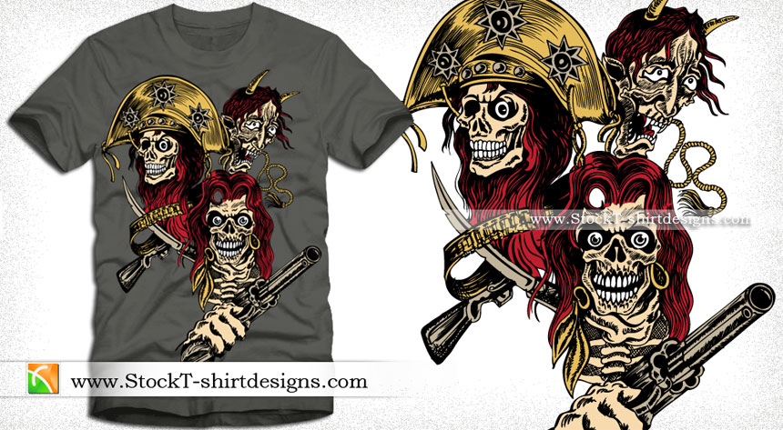 Vector T-shirt Design with Skull, Gun and Demon Face