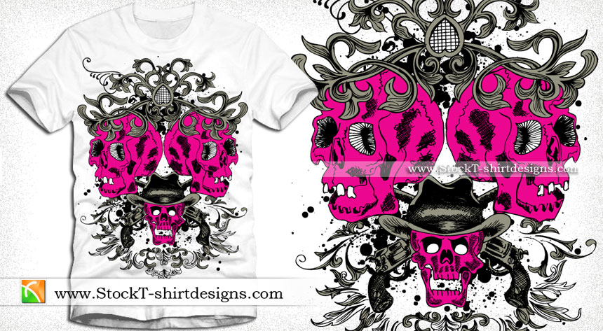 vector T-shirt Design Graphics with Skulls and Floral