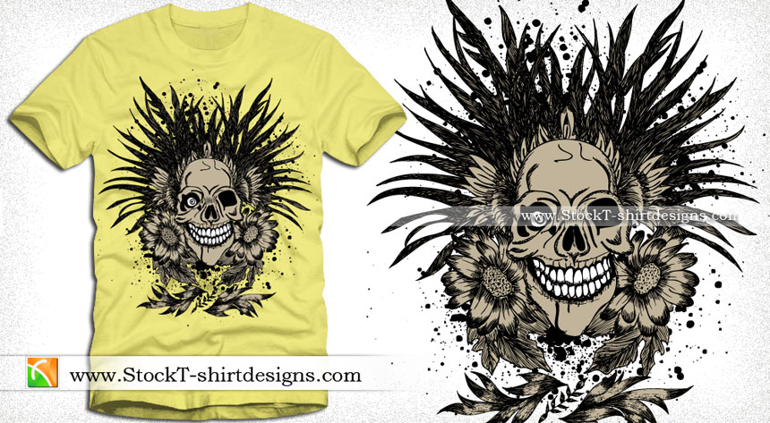 Vector T-shirt Design with Skull and Flowers